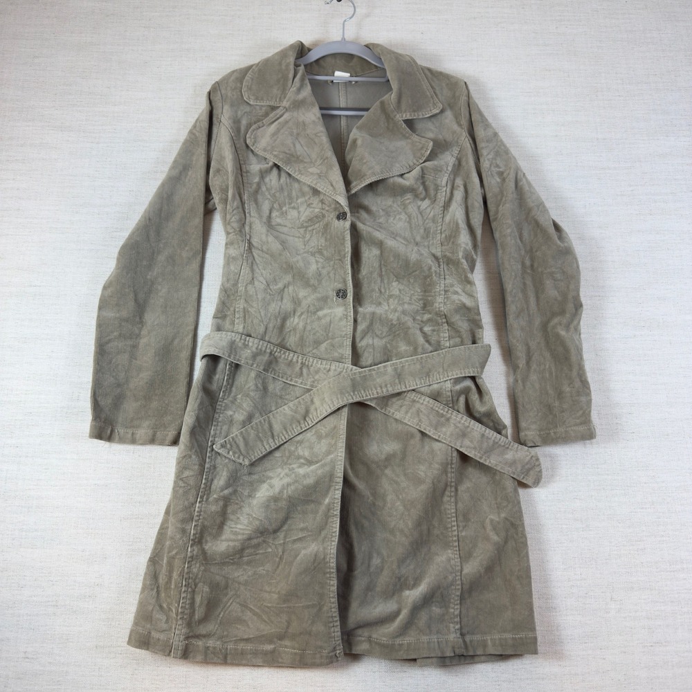Sans Souci Olive Green Corduroy Belted Trench Coat Jacket J-044 Womens Small